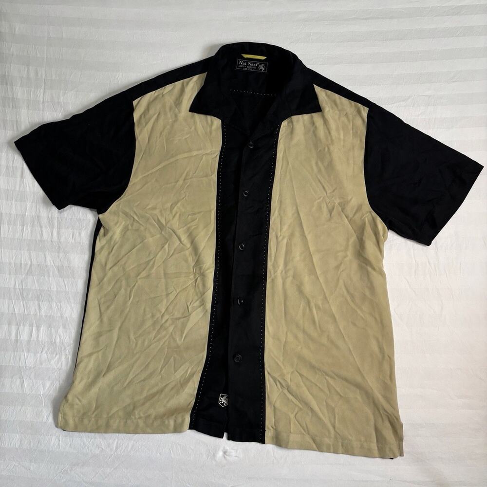 Nat Nast Luxury Originals 100% Silk Bowling Shirt Mens L Black Tan Camp USA